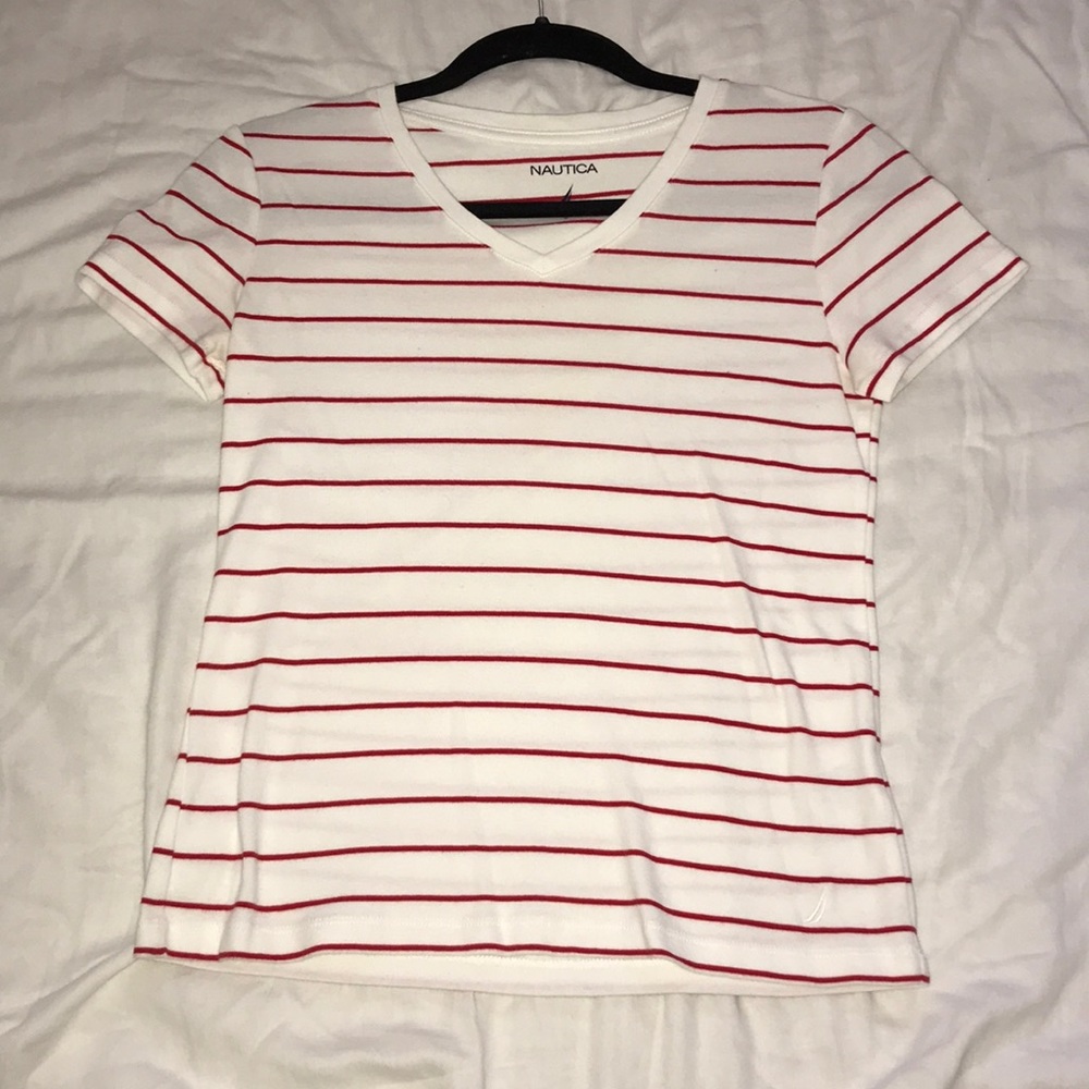 White and Red Stripe V Neck Tee Shirt